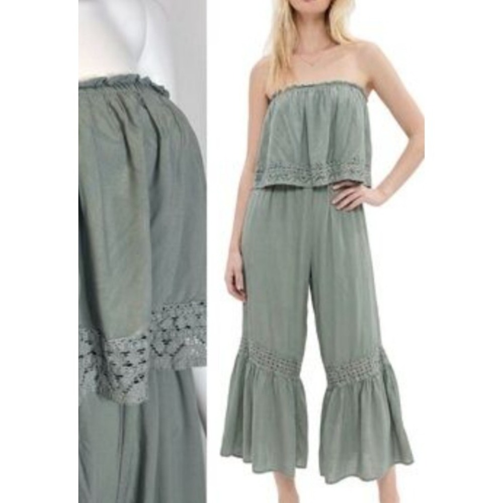 Japna Sage Green Sleeveless Halter Lacey Bellbottom Jumpsuit Size M Hippie Chic